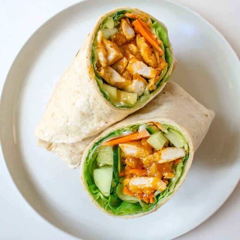 The golden-brown Honey Chili Crunch Chicken Wrap is drizzled with a glossy, sweet–spicy sauce and topped with fresh scallions and carrot shreds.  