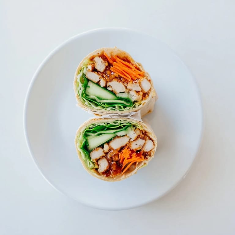 A vibrant wrap halved to show the tender chicken, crunchy vegetables, and honey chili crisp filling, served on a rustic wooden board.