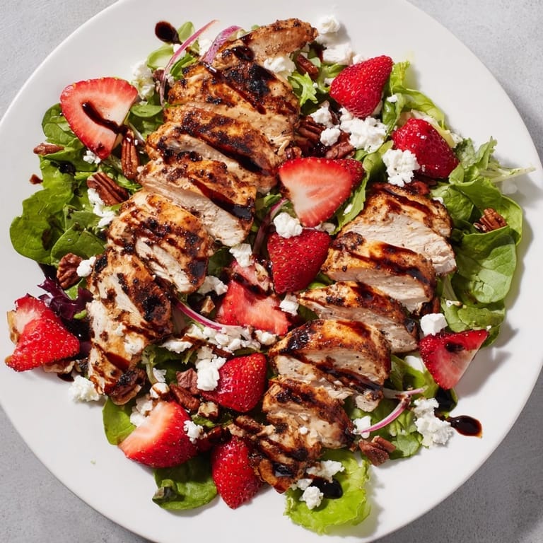 A vibrant bowl of Strawberry Balsamic Chicken Salad features juicy chicken, sweet berries, and a glossy tangy balsamic drizzle.  