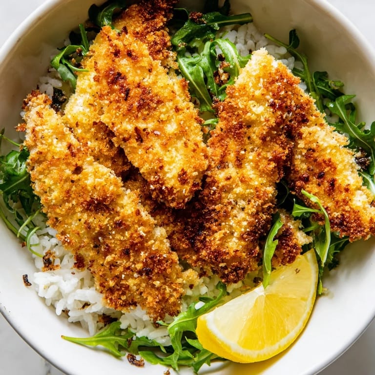 A close-up of a Crispy Parmesan Chicken Cutlet Bowl, featuring golden breaded chicken strips over rice and greens.