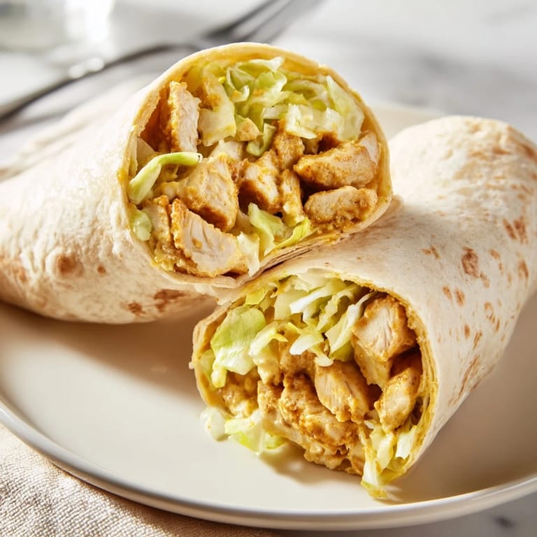A vibrant Honey Mustard Chicken Wrap served on a plate, garnished with extra sauce and red onion slices, perfect for a quick and satisfying lunch.
