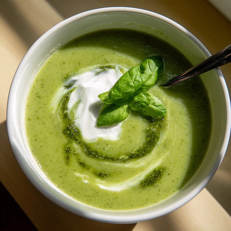 A close-up of vibrant Courgette, Pea and Pesto Soup topped with a dollop of crème fraîche and a drizzle of olive oil.