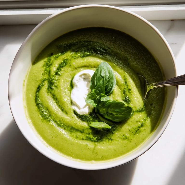 Hearty bowl of Courgette, Pea and Pesto Soup served with crusty bread, perfect for a light spring lunch.