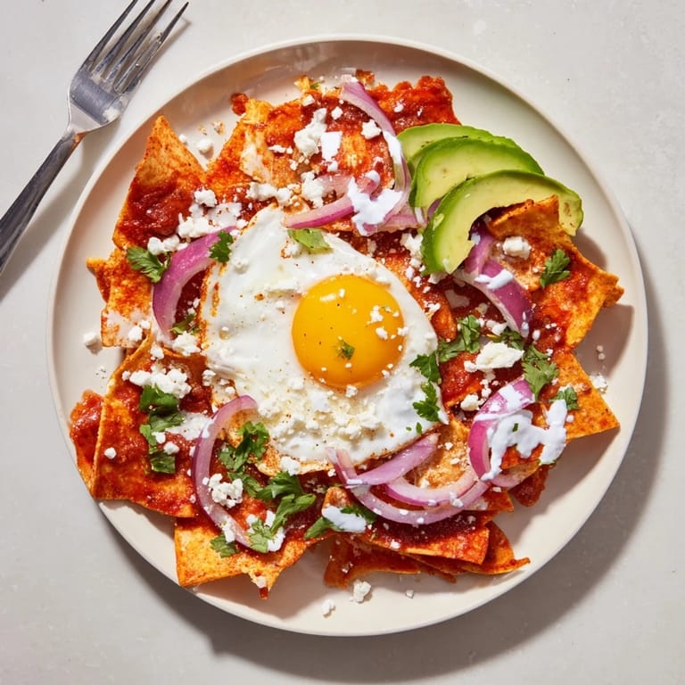 A hearty serving of Mexican-style chilaquiles with crumbled queso fresco, tangy red onion, and a drizzle of sour cream.