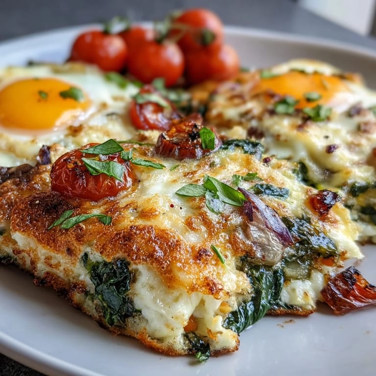 A close-up of fluffy High-Protein Sheet Pan Eggs With Cottage Cheese and Veggies on a rustic board.