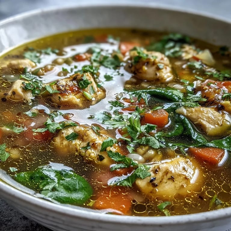 Close-up of Soothing Turmeric Chicken With Pearl Barley in a rustic pot, showcasing chunky vegetables and glistening olive oil on top.