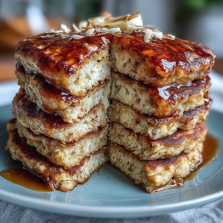 Stack of fluffy Banana Oat Pancakes topped with sliced bananas and a dollop of creamy yogurt.  