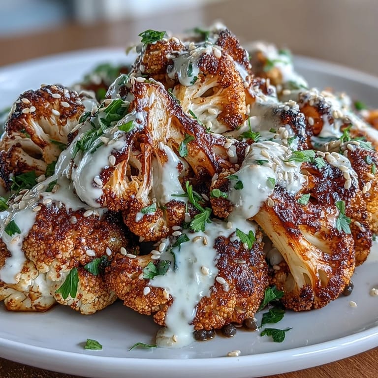 A vibrant, close-up view of caramelized cauliflower with a tangy lentil salad, topped with a rich cumin tahini yogurt sauce and toasted sesame seeds.