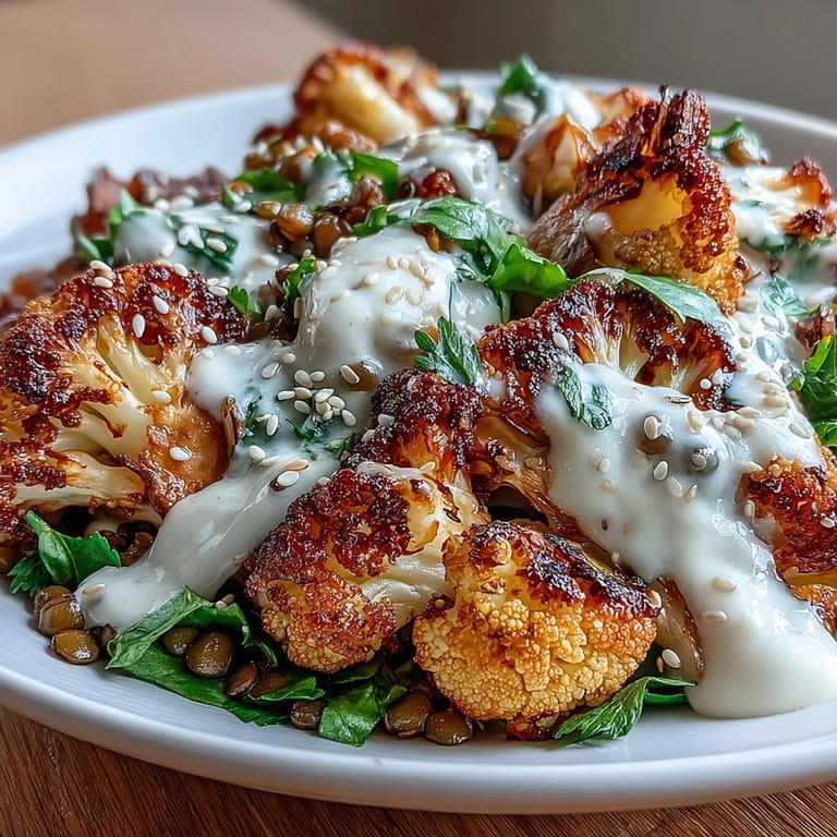 Overhead shot of a vegetarian dinner bowl featuring spiced roasted cauliflower, fresh lemon lentils, and a swirl of garlicky cumin tahini yogurt sauce.