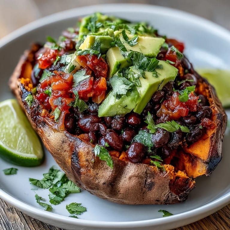 Roasted sweet potatoes with chipotle black beans and tomato salsa, served hot with lime and fresh cilantro.