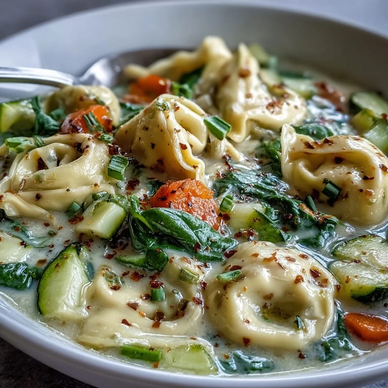 Overhead view of Creamy Vegetable Tortellini Soup, highlighting vibrant vegetables and tender tortellini swimming in a luscious cream broth.