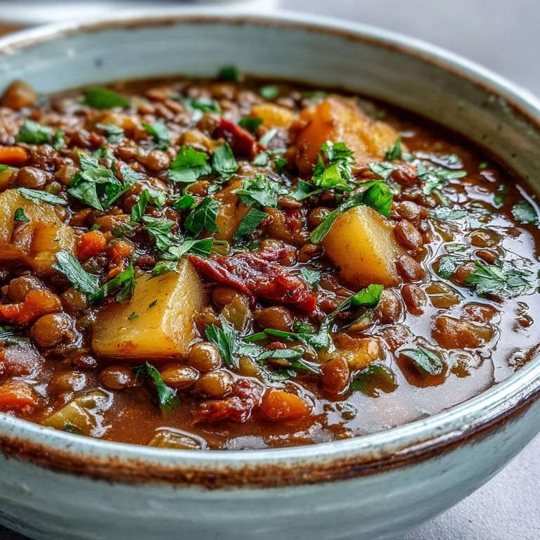 Warm, nourishing Vegetarian Lentil Stew served in a white bowl with lemon wedges and a wooden spoon.
