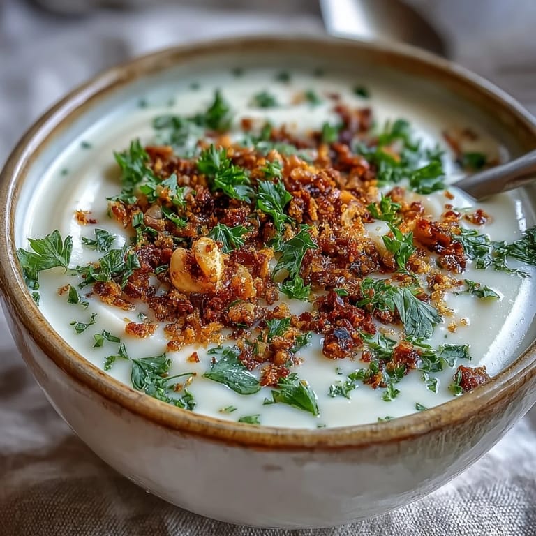 Roasted celeriac soup with hazelnut crumble garnish beside a glass of white wine and crusty bread.