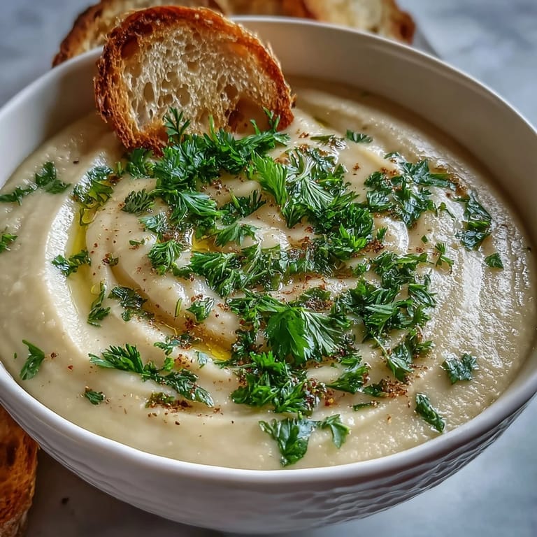 Roasted parsnips blended into silky Parsnip and Herb Soup, drizzled with olive oil and paired with crusty bread for dipping.