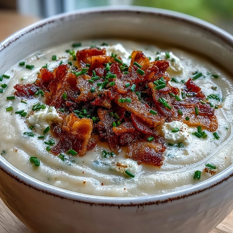 Close-up of Creamy Celeriac Soup with Crispy Bacon showing velvety texture and golden bacon bits on top.