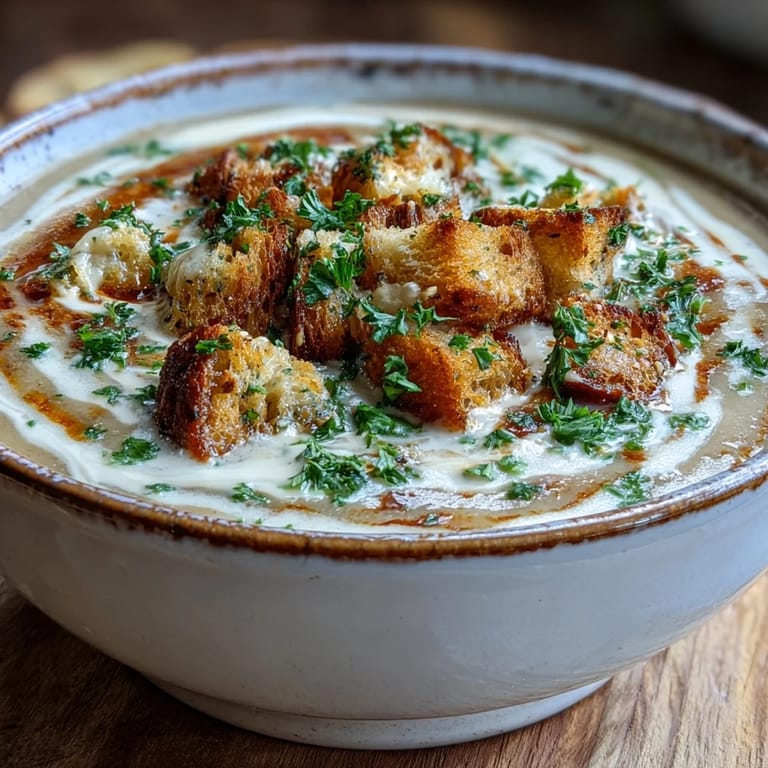 Roasted garlic soup simmering in a pot with thyme and vegetable broth beside sliced toasted bread.