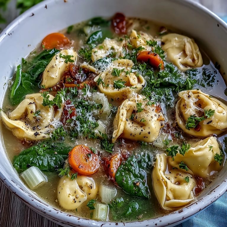 Hearty Easy Tortellini Soup with Chicken Broth featuring tender pasta, fresh veggies, and crusty bread on the side.