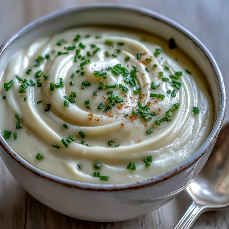Spoon lifting velvety Creamy Celery Root Bisque, showing its smooth, pale texture, served alongside crusty artisan bread.