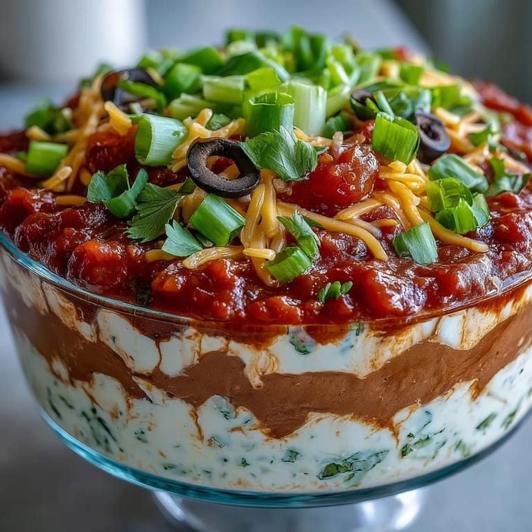 A vibrant bowl of 4-Way Layered Dip surrounded by crunchy tortilla chips for a party appetizer.