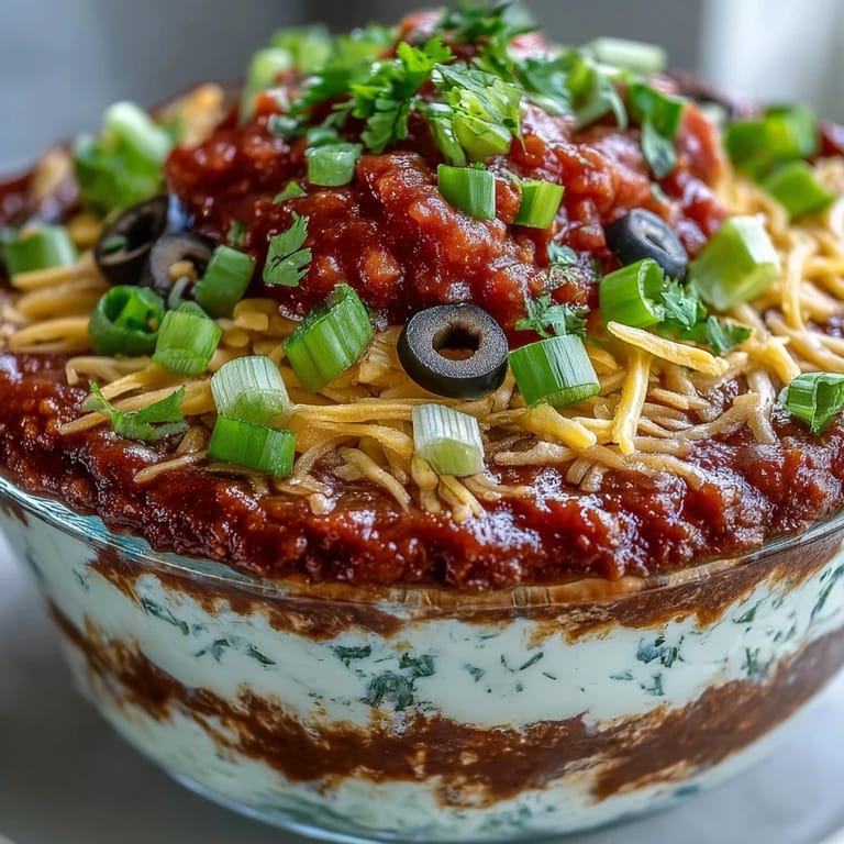 Close-up view of 4-Way Layered Dip highlighting the creamy sour cream and chunky salsa textures.