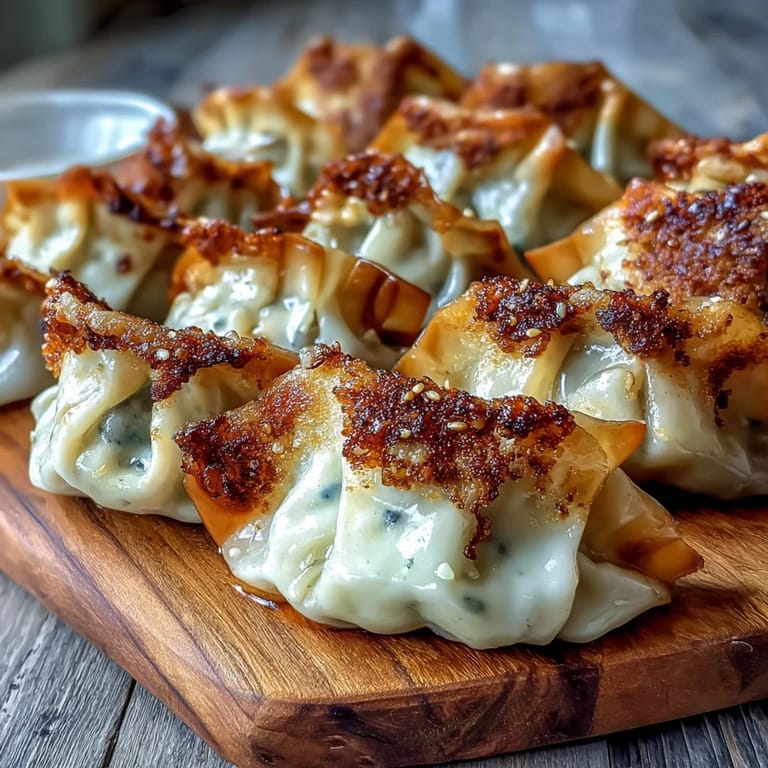Close-up of homemade smash dumplings with golden crusts and scallions, ready to be served.