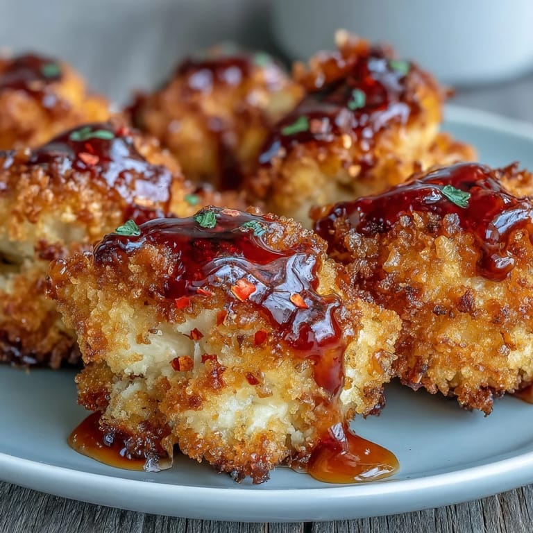 Freshly baked hot honey cauliflower florets tossed in a sticky glaze, steaming beside a serving of creamy ranch dip.