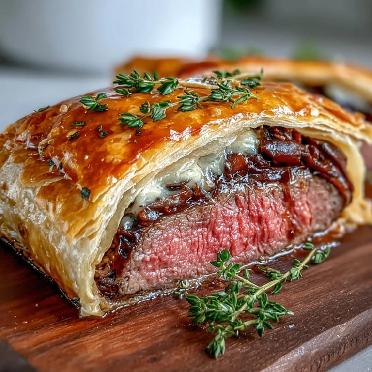 Perfectly sliced Beef Wellington revealing tender beef fillet wrapped in savory mushroom duxelles and prosciutto, served with red wine jus.