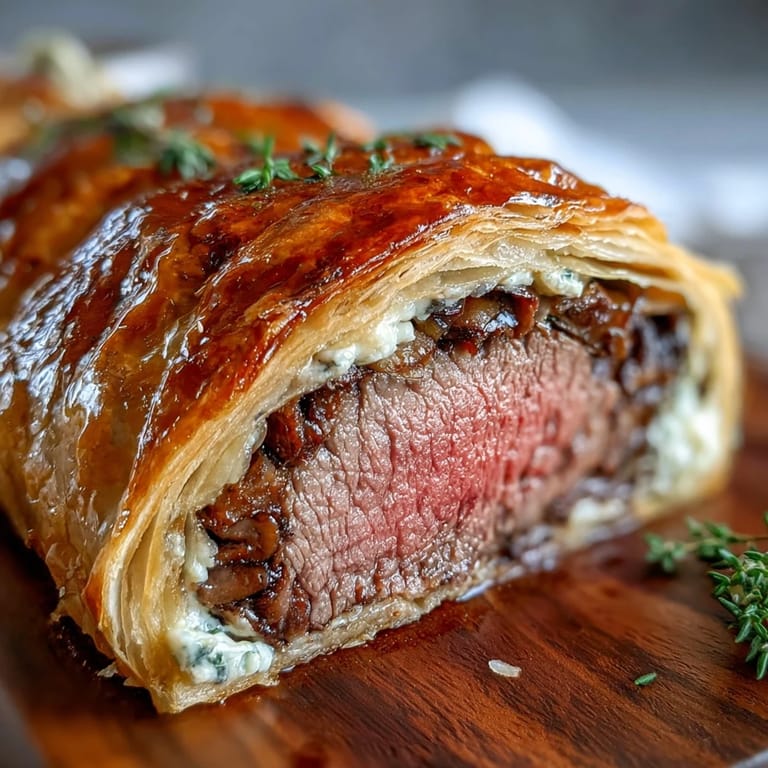 Homemade Beef Wellington on a rustic cutting board with fresh thyme garnish, ready for slicing and serving to guests.