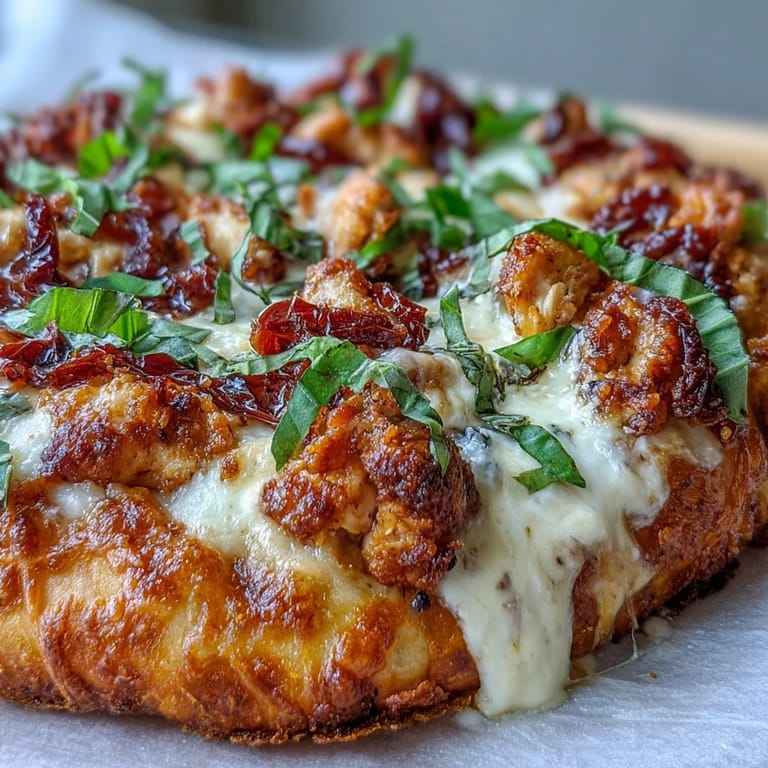 Fresh basil tops a golden Marry Me Chicken Pizza with creamy sauce and sun-dried tomatoes on a wood table.