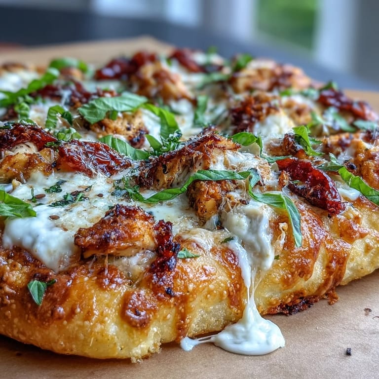 A close-up slice of Marry Me Chicken Pizza shows rich cream sauce, melted mozzarella, and garlicky chicken.