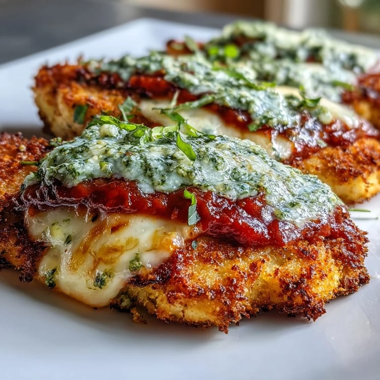 Sliced juicy Pesto Chicken Parmesan revealing tender meat and vibrant pesto, served hot alongside pasta and fresh basil garnish.