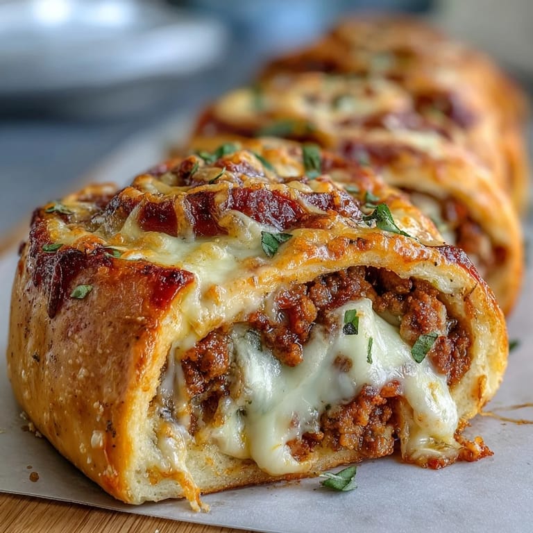 A close-up of freshly baked Irresistible High Protein Pepperoni Pizza Rolls shows bubbling cheese and savory beef filling on a rustic wooden board.