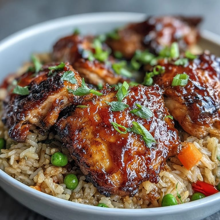 This One-Pan Bold Honey BBQ Chicken Rice shows glossy glazed chicken and bright veggies over steaming, perfectly cooked grains.