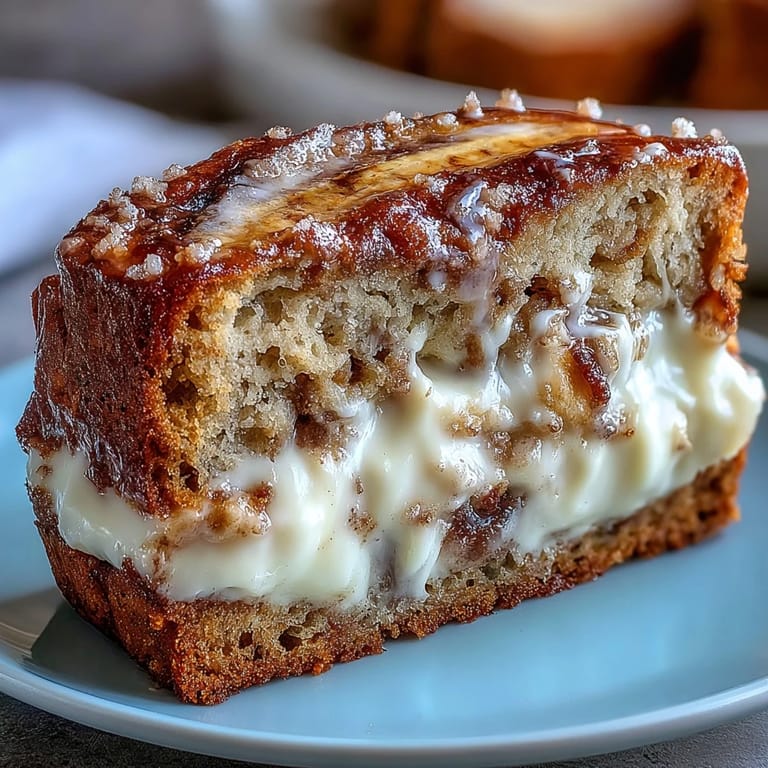 Homemade Cream Cheese Cinnamon Swirl Banana Bread with creamy filling and sugar topping, cut on a wooden cutting board for a sweet breakfast.