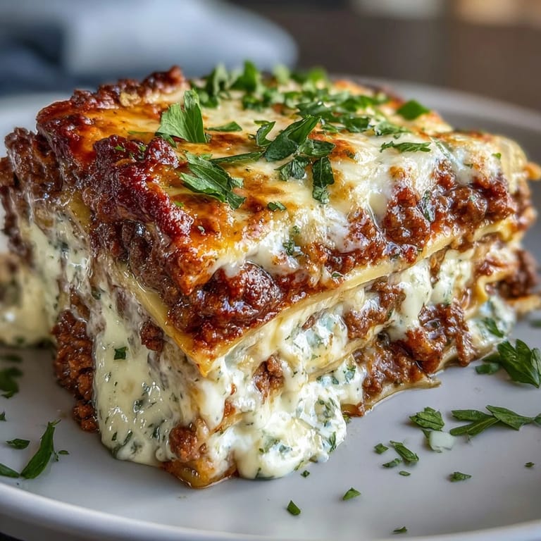 Fresh basil garnish tops a 9x13 pan of Worlds Best Lasagna, ready to be served with a side of garlic bread.
