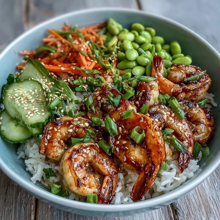 A close-up of a vibrant Asian Shrimp Bowl featuring juicy grilled shrimp, fresh edamame, and colorful carrots.