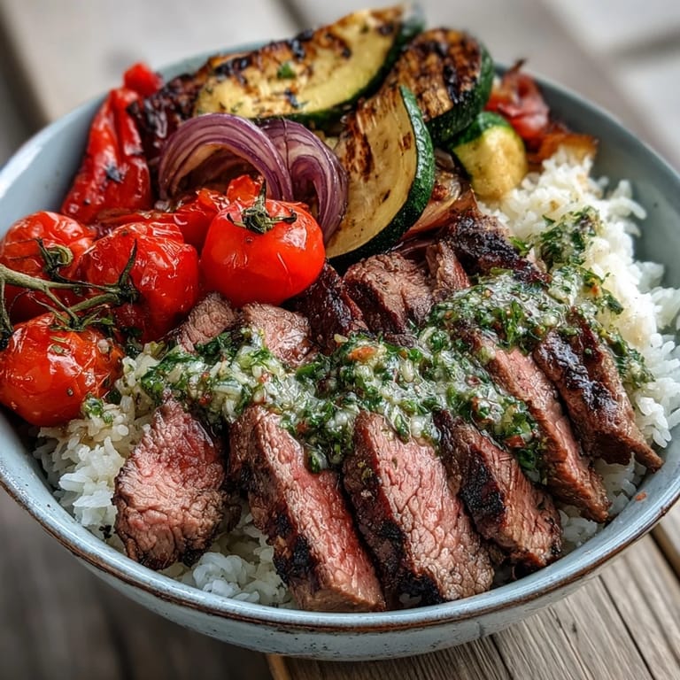 Vivid chimichurri drizzled over tender grilled steak and roasted veggies in a bowl. 