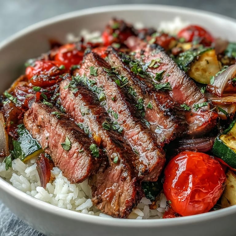 A close-up of sizzling steak and bell peppers from a Sheet Pan Steak and Veggie Bowl, served over steaming jasmine rice with a drizzle of tamari.