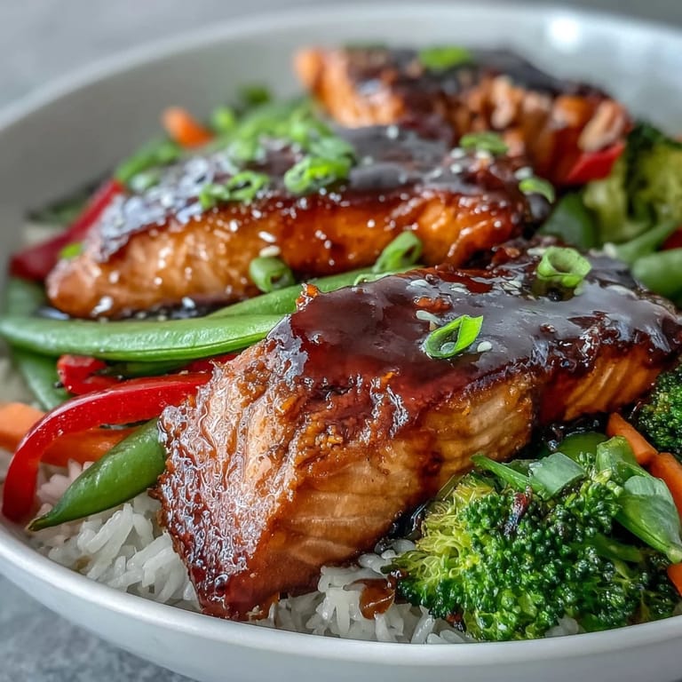 Vibrant stir-fry veggies and juicy glazed salmon nestled in steaming jasmine rice for a Teriyaki Salmon Bowl.