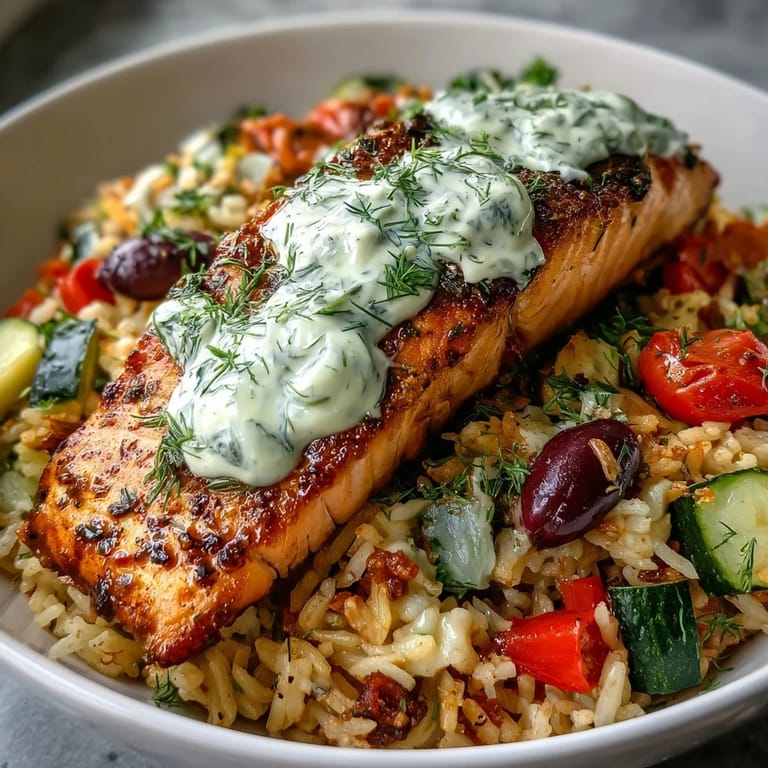A vibrant Crispy Rice Salmon Bowl features a lemon-yogurt drizzle over Mediterranean vegetables and salmon on a bed of rice.