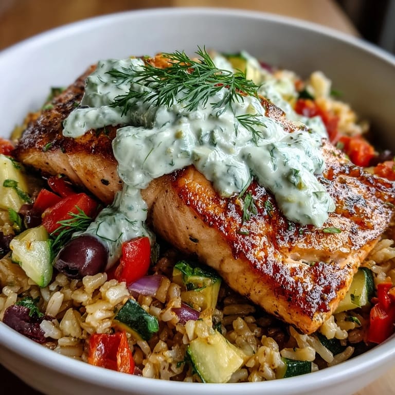 Pan-seared salmon rests atop a Crispy Rice Salmon Bowl, garnished with fresh herbs and a zesty lemon-yogurt sauce.