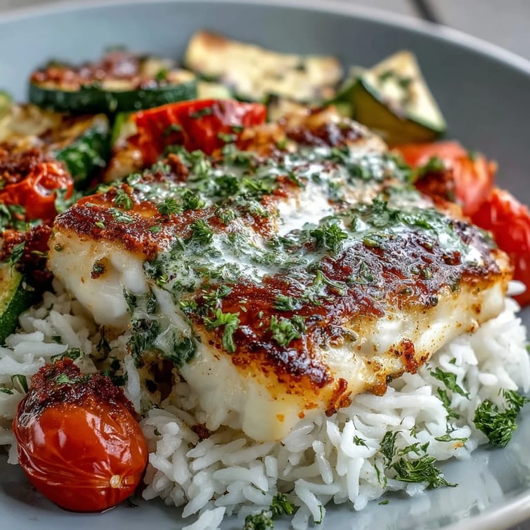 Close-up of a healthy Pan-Seared Fish Bowl with tender roasted zucchini, bell peppers, and onions mixed into aromatic jasmine rice.