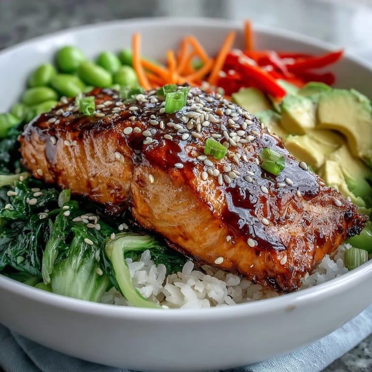 Freshly prepared Soy Ginger Salmon Bowl topped with creamy avocado slices and sesame seeds.