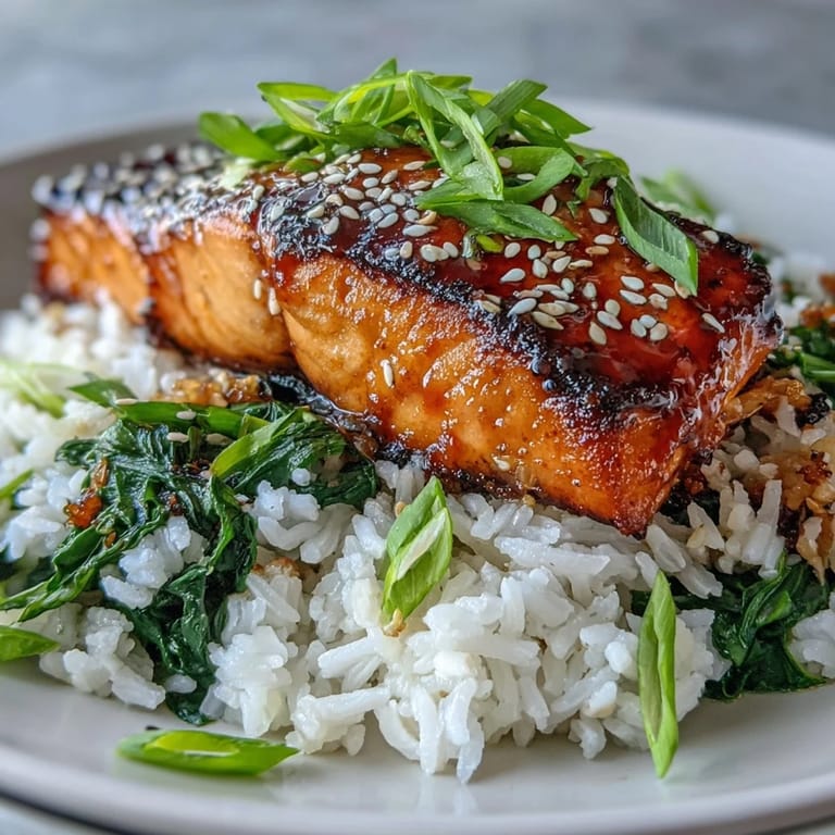 A beautifully arranged Miso Glazed Salmon Bowl with a vibrant green spinach bed, fluffy white rice, and a tender fillet glazed in savory-sweet miso.