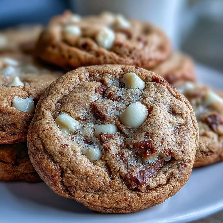 A plate of Hojicha White Chocolate Cookies drizzled with extra white chocolate, highlighting the roasted tea powder specks.