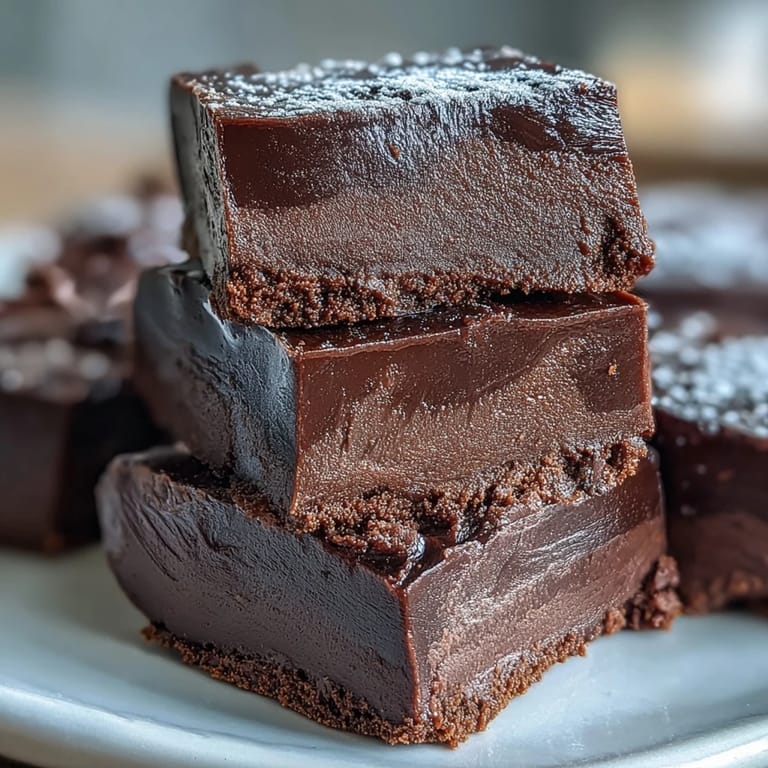 Creamy Hojicha Fudge pieces stacked on a marble slab, highlighting the roasted green tea powder mixed into the decadent chocolate.