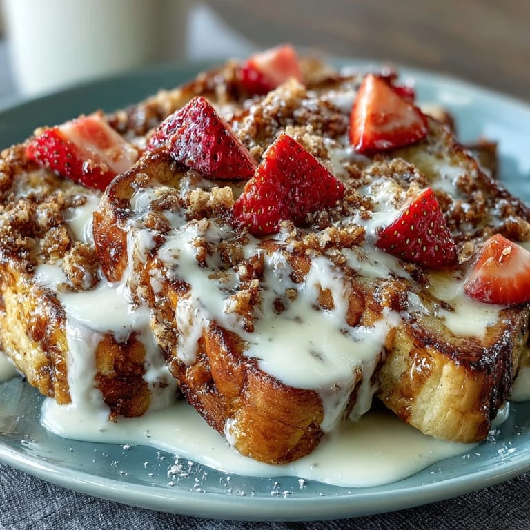 Warm Strawberry French Toast Bake topped with buttery streusel and fresh berries, served with a drizzle of maple syrup for a festive spring brunch.