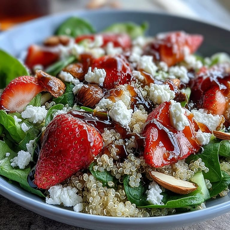 Fresh strawberry feta quinoa salad served in a white bowl, featuring bright red berries, crumbled cheese, and toasted almonds for crunch.