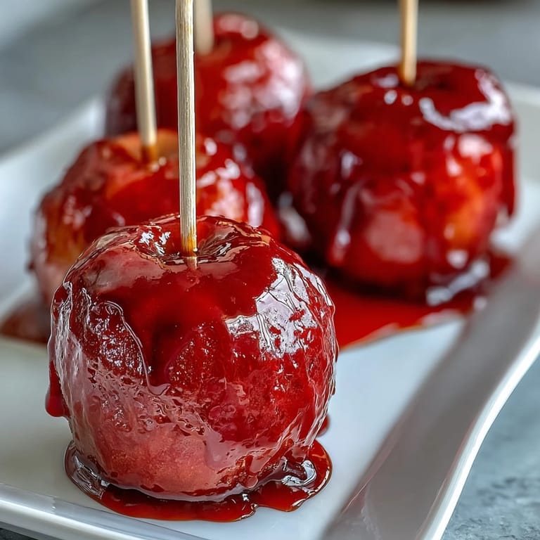 Mini Candy Apple Bites on Toothpick Skewers: Sweet and tart apple pieces coated in shiny candy shell, ready for snacking at autumn gatherings.