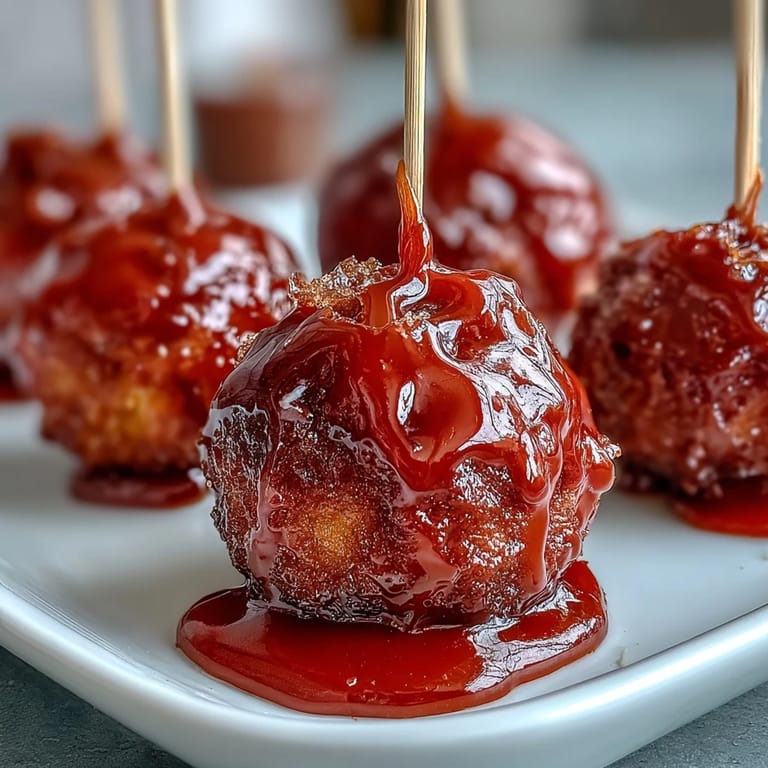Mini Candy Apple Bites on Toothpick Skewers: Bite-sized Granny Smith apples dipped in vibrant red hard candy shell, ideal for festive dessert spreads.